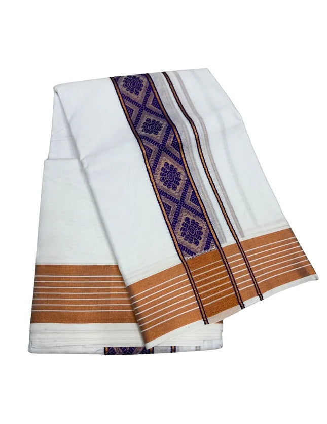 MEN PURE COTTON FANCY JARI BORDER EMBOSE MUNDI PANCHAKACHAM DHOTI - 9X5