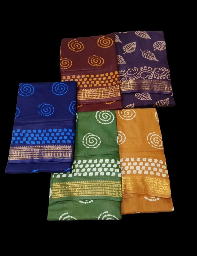 MADURAI MUL MUL COTTON BATIK WAX PRINTS JARI BORDER 9 YARDS SAREES