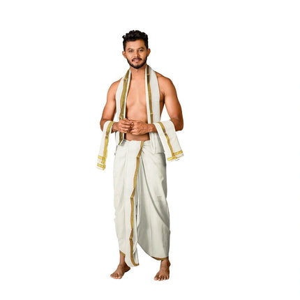 Men Cotton 5 Button Bleached Panchakacham Dhoti 9x5