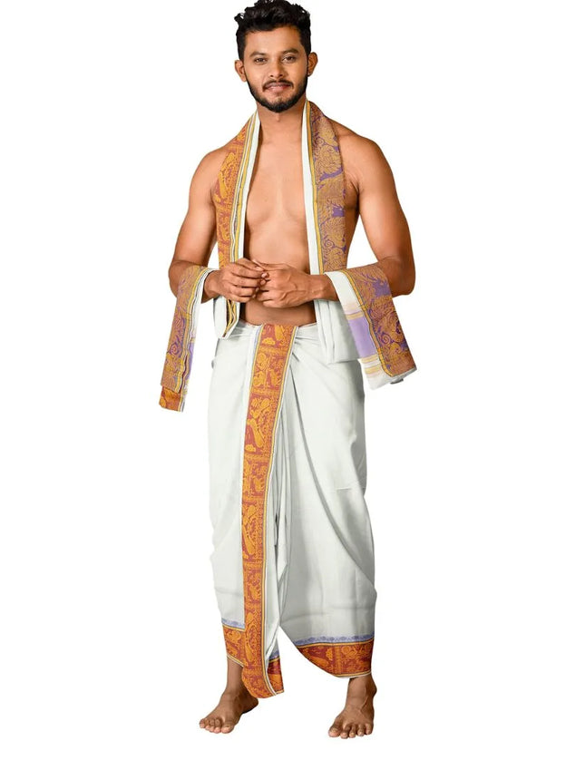 Men Pure Cotton Jacquard White Panchakacham Dhoti- 10x6