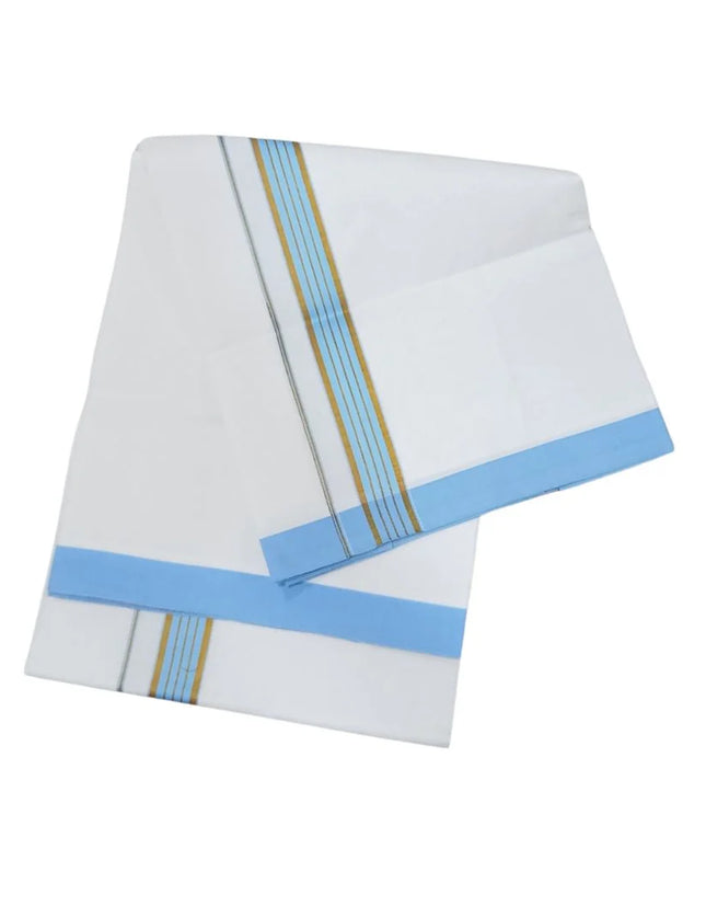 Mencotton 1 inch Thillana Jari border single dhoti, blue cotton dhoti, traditional Jari border dhoti, premium blue Mencotton dhoti.