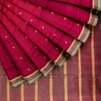 Pure Kanchipuram Silk 9 Yards Madisar Saree - Pottu Butta Design with Small Border