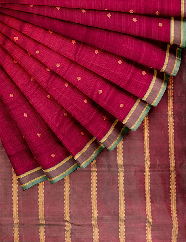 Pure Kanchipuram Silk 9 Yards Madisar Saree - Pottu Butta Design with Small Border