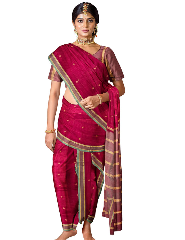 Pure Kanchipuram Silk 9 Yards Madisar Saree - Pottu Butta Design with Small Border