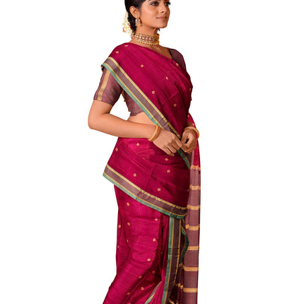 Pure Kanchipuram Silk 9 Yards Madisar Saree - Pottu Butta Design with Small Border