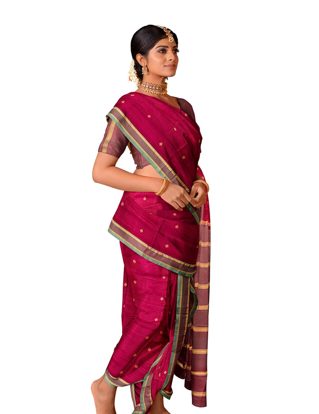 Pure Kanchipuram Silk 9 Yards Madisar Saree - Pottu Butta Design with Small Border
