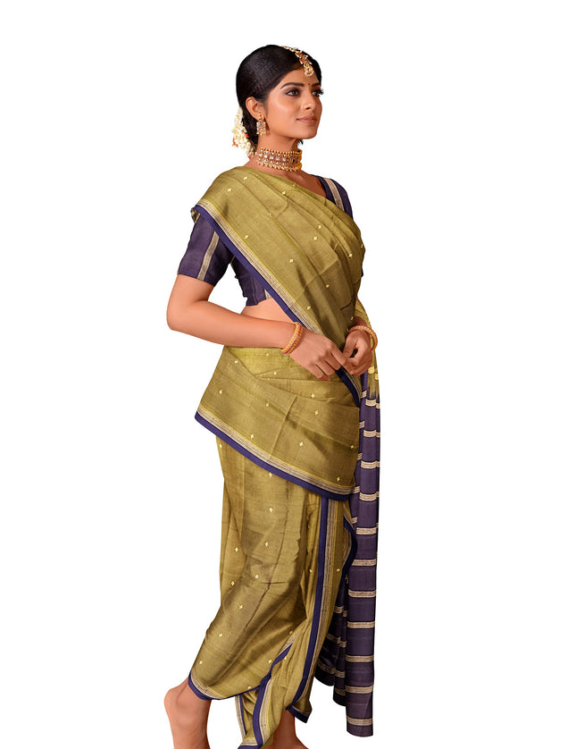 Pure Kanchipuram Silk 9 Yards Madisar Saree - Pottu Butta Design with Small Border