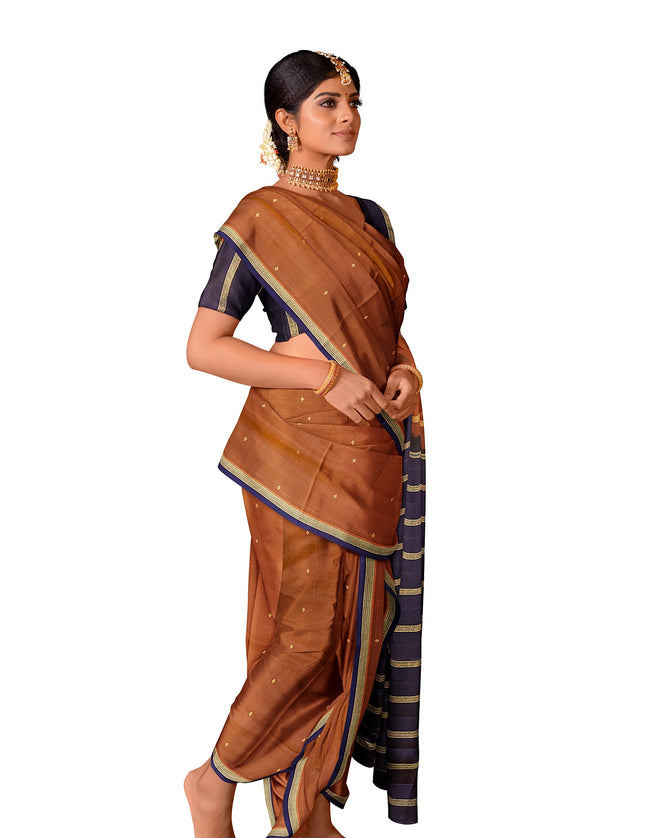 Pure Kanchipuram Silk 9 Yards Madisar Saree - Pottu Butta Design with Small Border