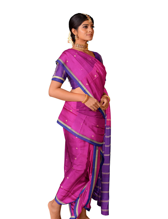 Pure Kanchipuram Silk 9 Yards Madisar Saree - Pottu Butta Design with Small Border