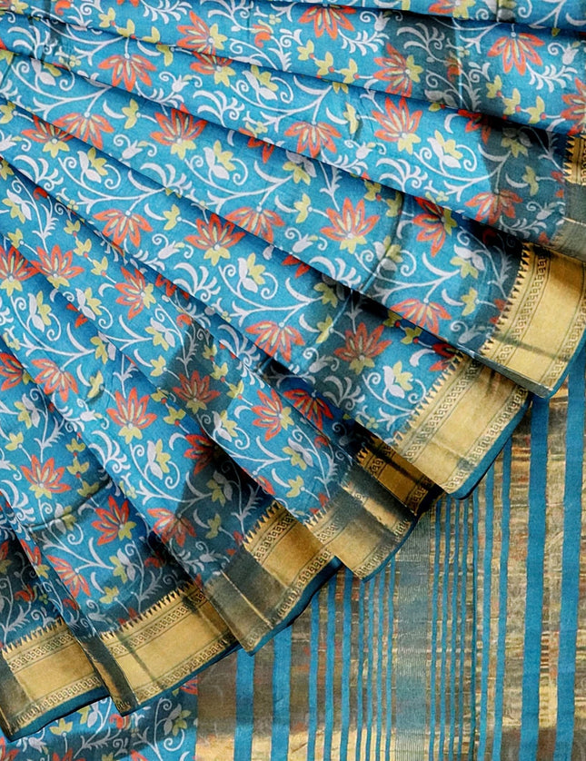 Tusser Digital Print with Jari Border 9 Yards Saree