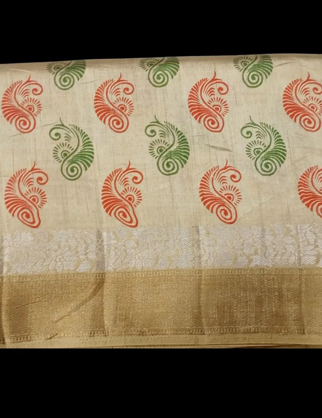 Tusser Digital Print with Jari Border 9 Yards Saree