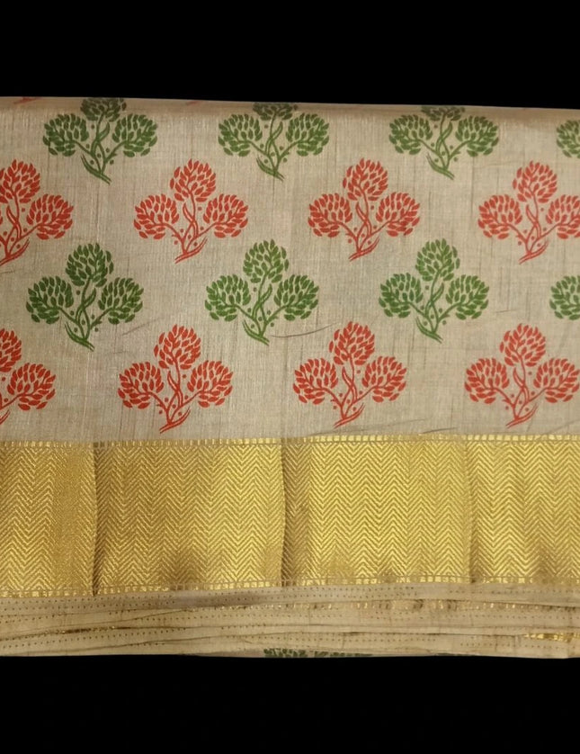 Tusser Digital Print with Jari Border 9 Yards Saree